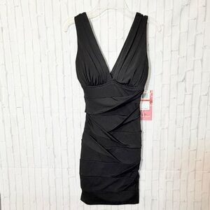 EMERALD SUNDAE Black V-Neck Draped Mini Dress